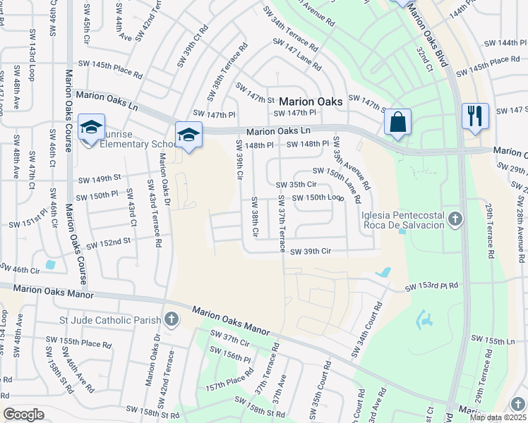 map of restaurants, bars, coffee shops, grocery stores, and more near 15100 Southwest 38th Avenue in Ocala