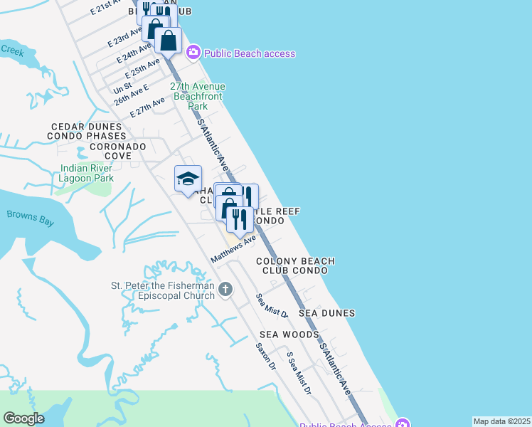 map of restaurants, bars, coffee shops, grocery stores, and more near 4175 South Atlantic Avenue in New Smyrna Beach