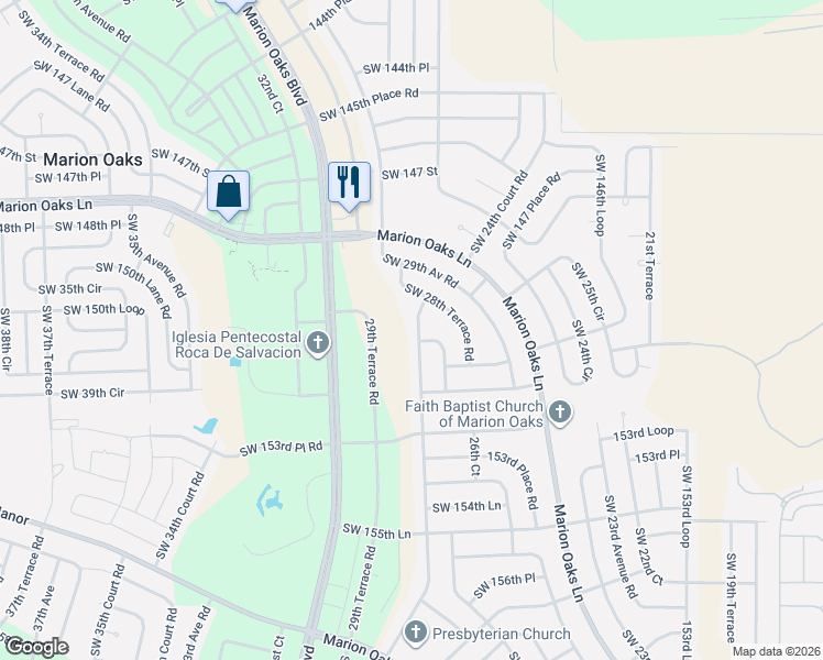 map of restaurants, bars, coffee shops, grocery stores, and more near 15018 Southwest 28th Avenue Road in Ocala