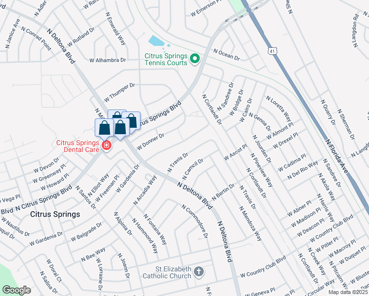 map of restaurants, bars, coffee shops, grocery stores, and more near 9541 North Travis Drive in Citrus Springs