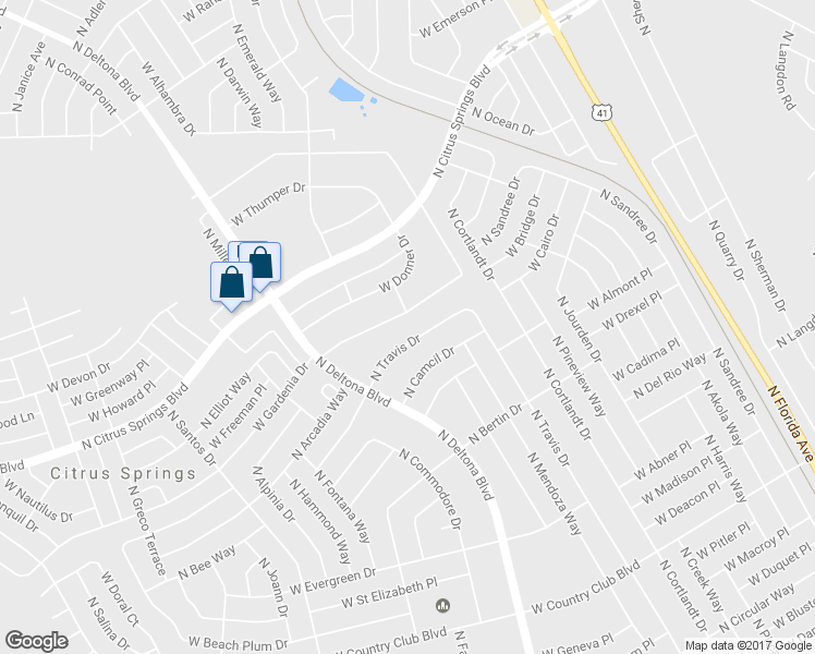 map of restaurants, bars, coffee shops, grocery stores, and more near 9541 North Travis Drive in Citrus Springs