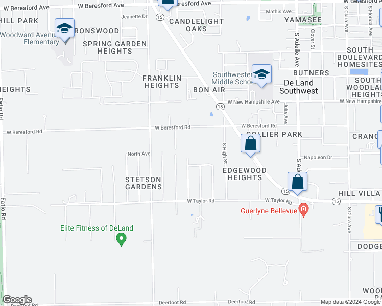 map of restaurants, bars, coffee shops, grocery stores, and more near 1430 South Montgomery Street in DeLand