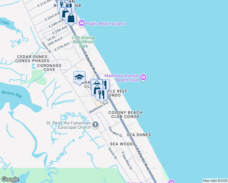 map of restaurants, bars, coffee shops, grocery stores, and more near 4175 South Atlantic Avenue in New Smyrna Beach