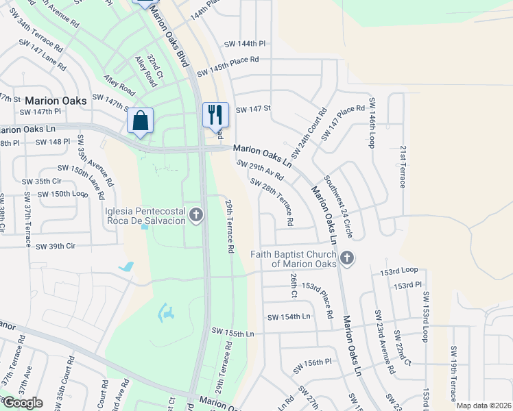 map of restaurants, bars, coffee shops, grocery stores, and more near 15018 Southwest 28th Avenue Road in Ocala