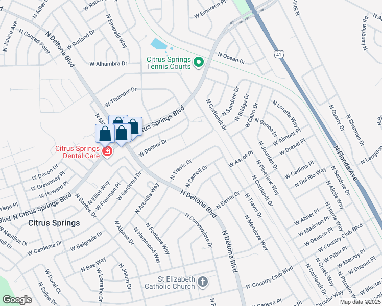 map of restaurants, bars, coffee shops, grocery stores, and more near 9541 North Travis Drive in Citrus Springs
