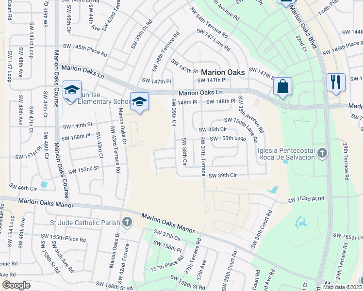 map of restaurants, bars, coffee shops, grocery stores, and more near 15100 Southwest 38th Avenue in Ocala