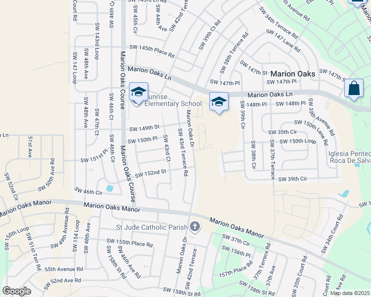 map of restaurants, bars, coffee shops, grocery stores, and more near 15107 Southwest 43rd Terrace Road in Ocala