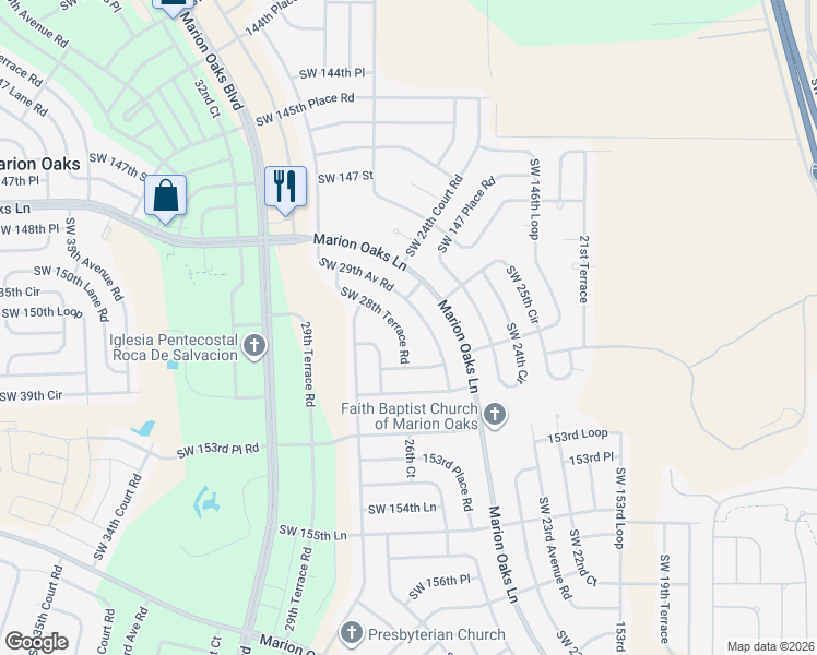 map of restaurants, bars, coffee shops, grocery stores, and more near 15061 Southwest 28th Terrace Road in Ocala