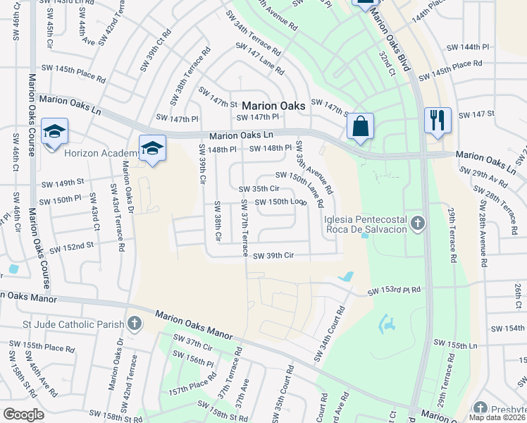 map of restaurants, bars, coffee shops, grocery stores, and more near 3665 Southwest 151st Street in Ocala