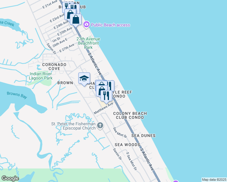 map of restaurants, bars, coffee shops, grocery stores, and more near 4175 South Atlantic Avenue in New Smyrna Beach