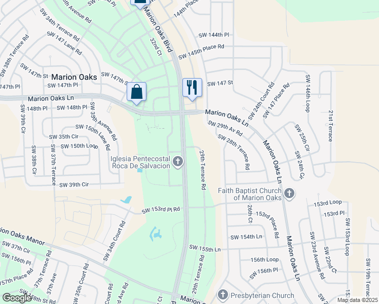 map of restaurants, bars, coffee shops, grocery stores, and more near 15050 29th Terrace Road in Ocala