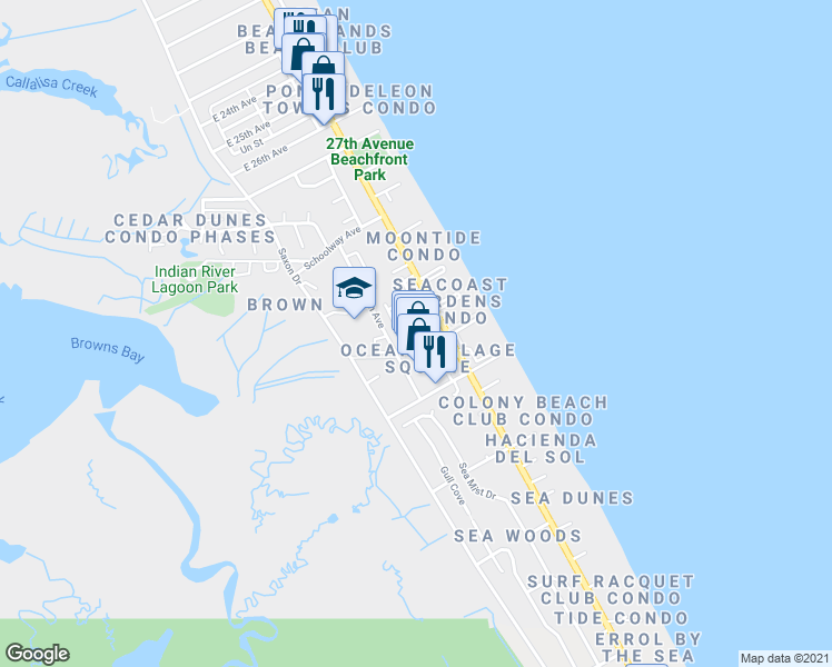 map of restaurants, bars, coffee shops, grocery stores, and more near 4150 South Atlantic Avenue in New Smyrna Beach
