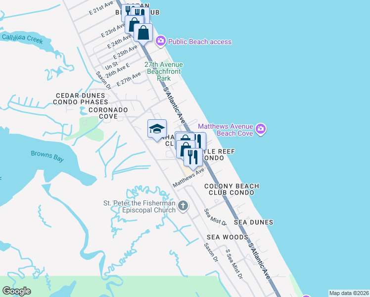map of restaurants, bars, coffee shops, grocery stores, and more near 4150 South Atlantic Avenue in New Smyrna Beach