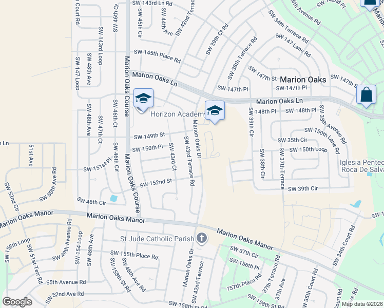 map of restaurants, bars, coffee shops, grocery stores, and more near 15107 Southwest 43rd Terrace Road in Ocala