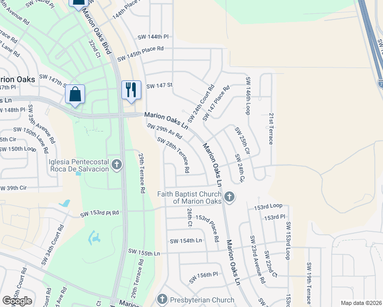 map of restaurants, bars, coffee shops, grocery stores, and more near 15061 Southwest 28th Terrace Road in Ocala