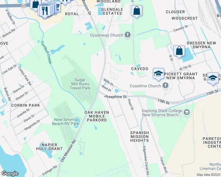 map of restaurants, bars, coffee shops, grocery stores, and more near 1247 Reid Drive in New Smyrna Beach