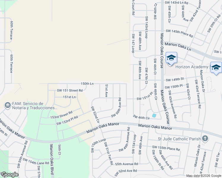 map of restaurants, bars, coffee shops, grocery stores, and more near 15162 Southwest 52nd Circle in Ocala