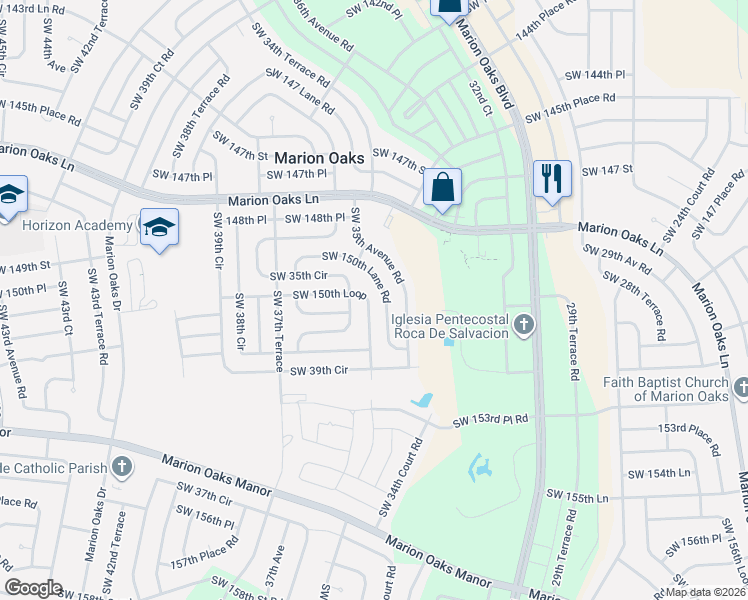 map of restaurants, bars, coffee shops, grocery stores, and more near 3440 Southwest 150th Lane Road in Ocala
