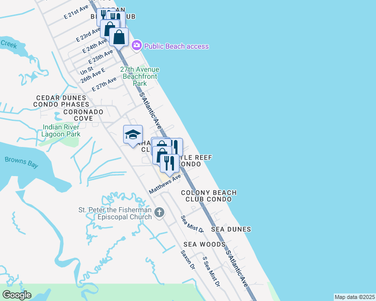 map of restaurants, bars, coffee shops, grocery stores, and more near 4175 South Atlantic Avenue in New Smyrna Beach