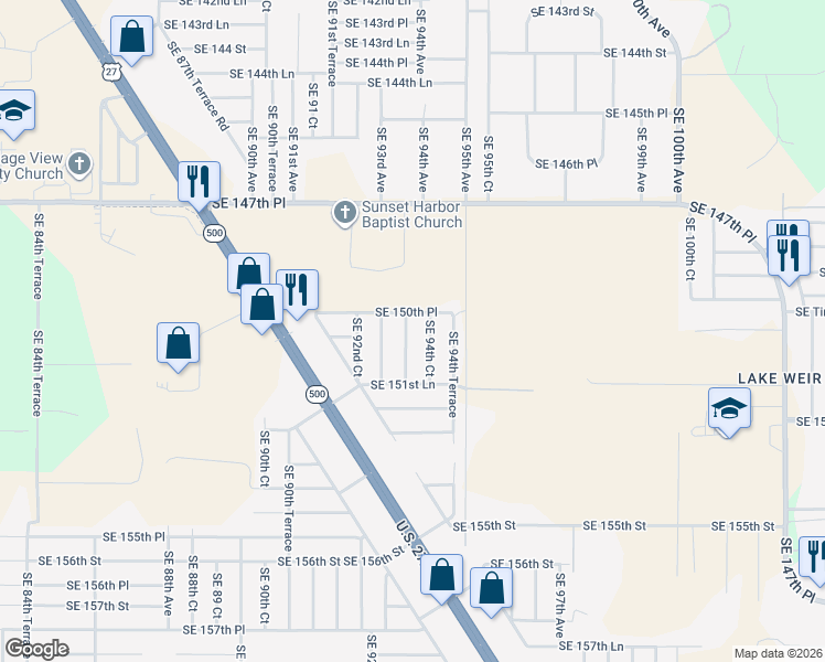 map of restaurants, bars, coffee shops, grocery stores, and more near 15101 Southeast 93rd Court in Summerfield