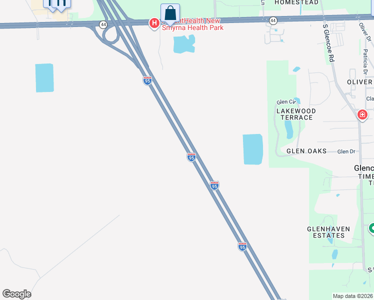 map of restaurants, bars, coffee shops, grocery stores, and more near Interstate 95 in New Smyrna Beach