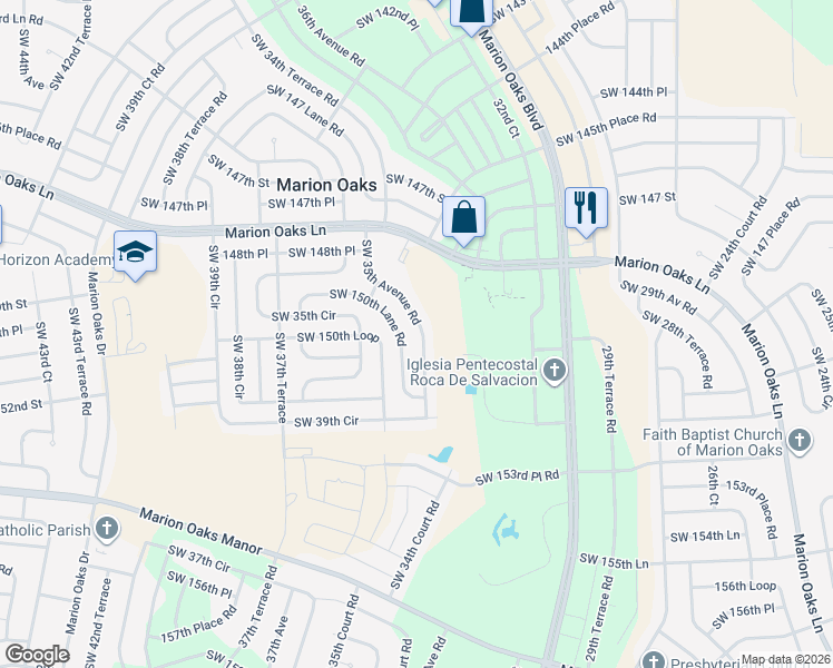 map of restaurants, bars, coffee shops, grocery stores, and more near 3505 Southwest 150th Lane Road in Ocala
