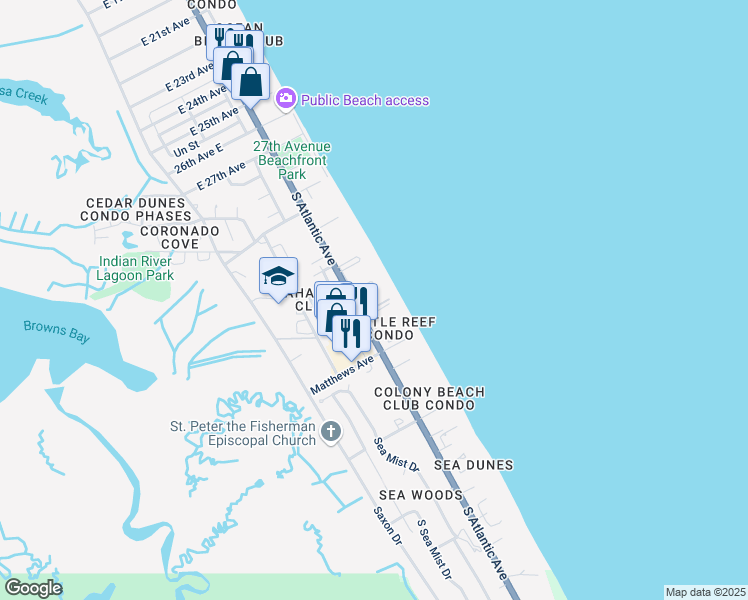 map of restaurants, bars, coffee shops, grocery stores, and more near 4153 South Atlantic Avenue in New Smyrna Beach