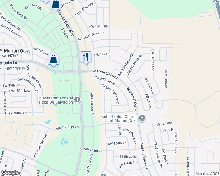 map of restaurants, bars, coffee shops, grocery stores, and more near 14983 Southwest 29th Avenue Road in Ocala