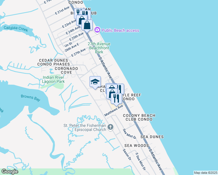 map of restaurants, bars, coffee shops, grocery stores, and more near 4150 South Atlantic Avenue in New Smyrna Beach
