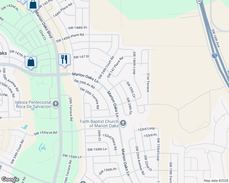 map of restaurants, bars, coffee shops, grocery stores, and more near 354 Marion Oaks Lane in Ocala