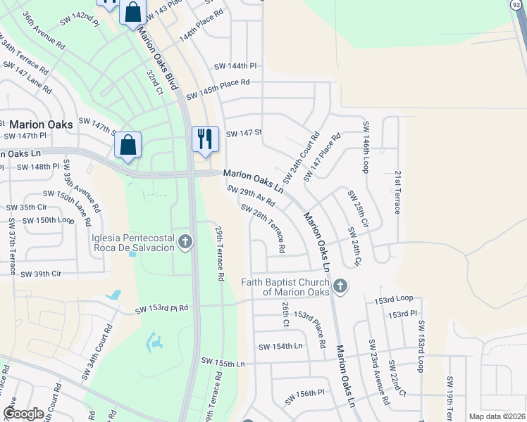 map of restaurants, bars, coffee shops, grocery stores, and more near 14983 Southwest 29th Avenue Road in Ocala