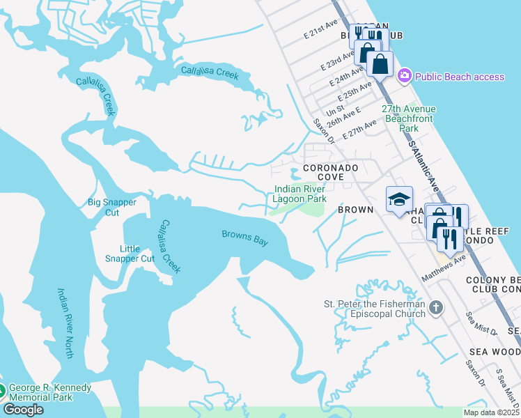 map of restaurants, bars, coffee shops, grocery stores, and more near in New Smyrna Beach