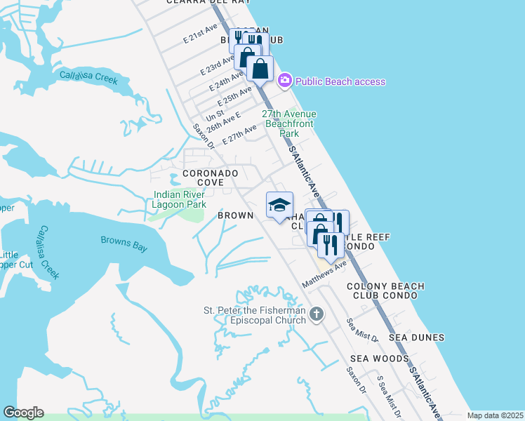 map of restaurants, bars, coffee shops, grocery stores, and more near 4035 Saxon Drive in New Smyrna Beach