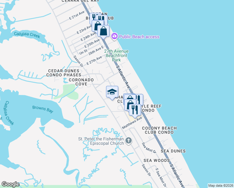 map of restaurants, bars, coffee shops, grocery stores, and more near 3838 Sandstone Court in New Smyrna Beach