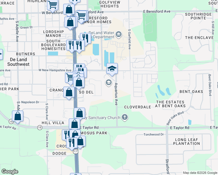 map of restaurants, bars, coffee shops, grocery stores, and more near 1400 Aquarius Avenue in DeLand