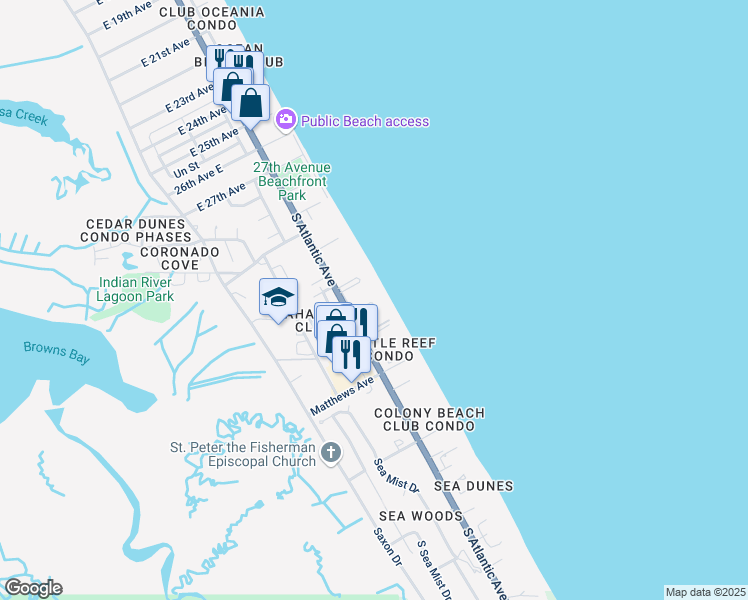 map of restaurants, bars, coffee shops, grocery stores, and more near 4153 South Atlantic Avenue in New Smyrna Beach