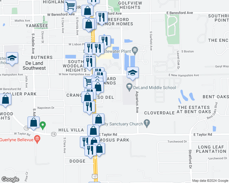 map of restaurants, bars, coffee shops, grocery stores, and more near 106 East Villa Capri Circle in DeLand