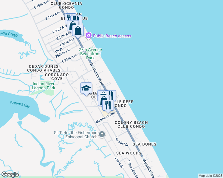 map of restaurants, bars, coffee shops, grocery stores, and more near 4153 South Atlantic Avenue in New Smyrna Beach