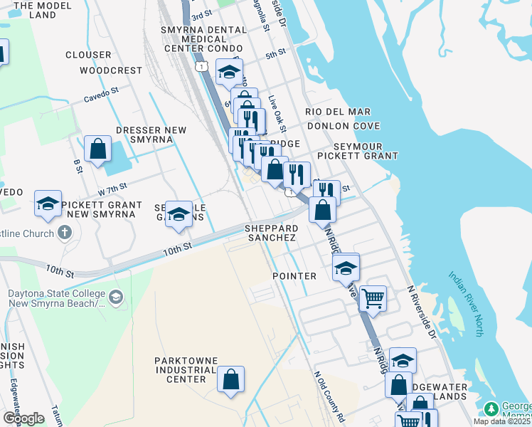 map of restaurants, bars, coffee shops, grocery stores, and more near in New Smyrna Beach