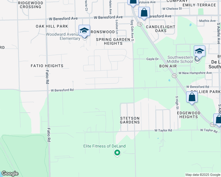 map of restaurants, bars, coffee shops, grocery stores, and more near 1256 West Beresford Road in DeLand