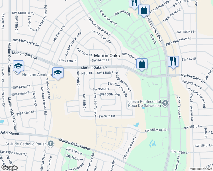 map of restaurants, bars, coffee shops, grocery stores, and more near 15041 Southwest 35th Circle in Ocala