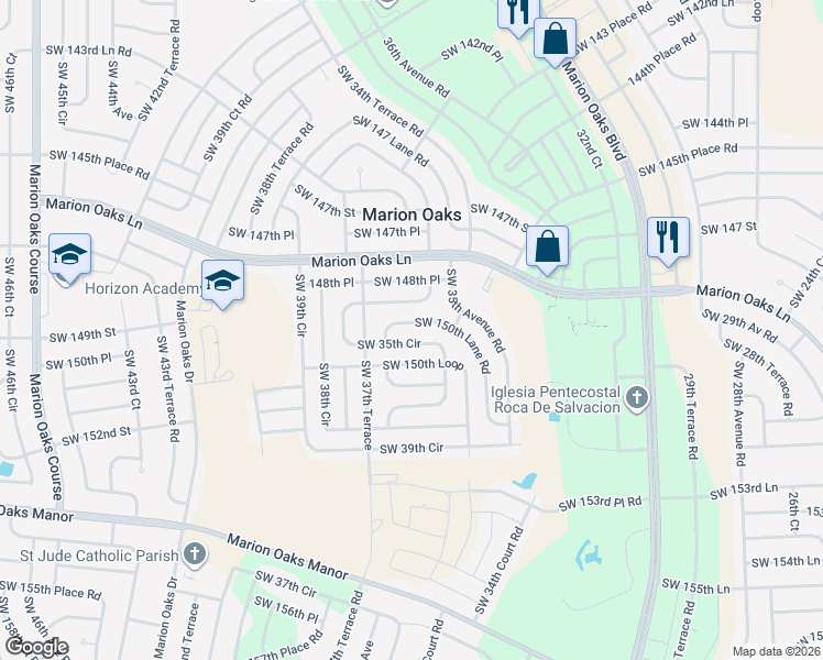 map of restaurants, bars, coffee shops, grocery stores, and more near 15041 Southwest 35th Circle in Ocala