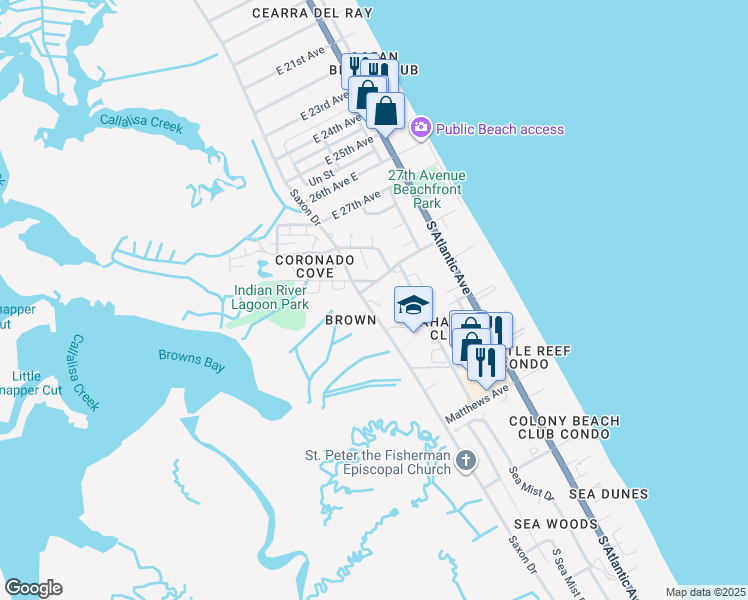 map of restaurants, bars, coffee shops, grocery stores, and more near 4035 Saxon Drive in New Smyrna Beach