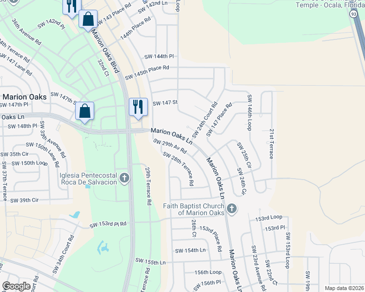 map of restaurants, bars, coffee shops, grocery stores, and more near 14983 Southwest 29th Avenue Road in Ocala
