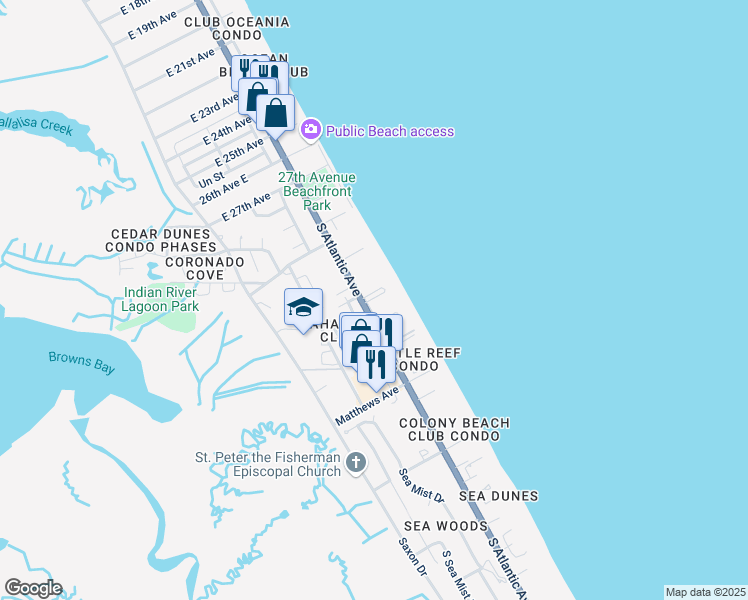 map of restaurants, bars, coffee shops, grocery stores, and more near 4153 South Atlantic Avenue in New Smyrna Beach