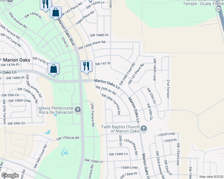 map of restaurants, bars, coffee shops, grocery stores, and more near 14983 Southwest 29th Avenue Road in Ocala