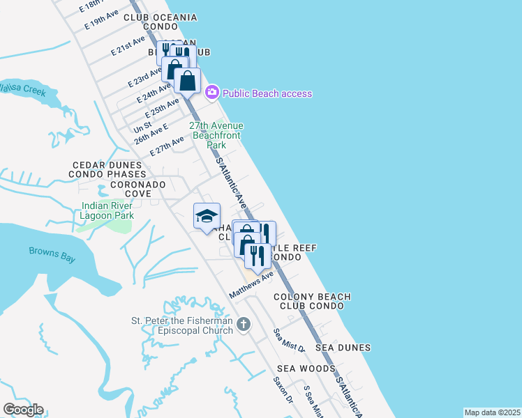 map of restaurants, bars, coffee shops, grocery stores, and more near 4153 South Atlantic Avenue in New Smyrna Beach