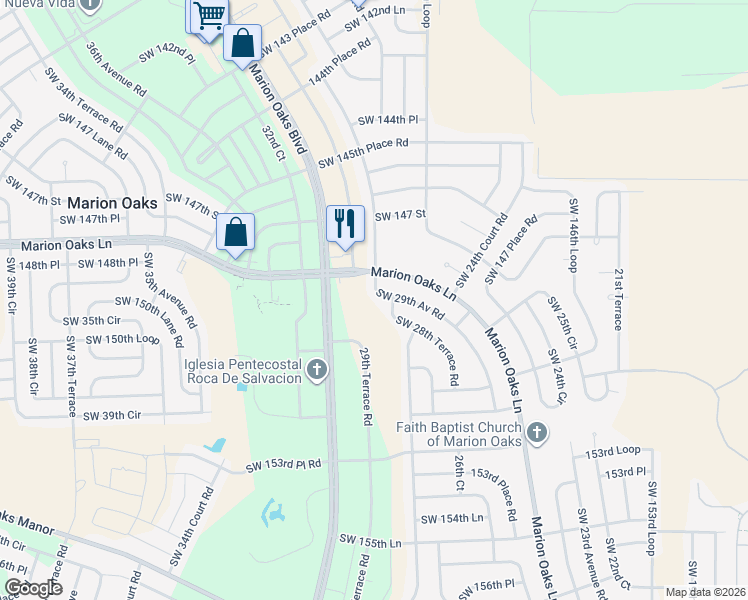 map of restaurants, bars, coffee shops, grocery stores, and more near 14896 Southwest 29th Avenue Road in Ocala