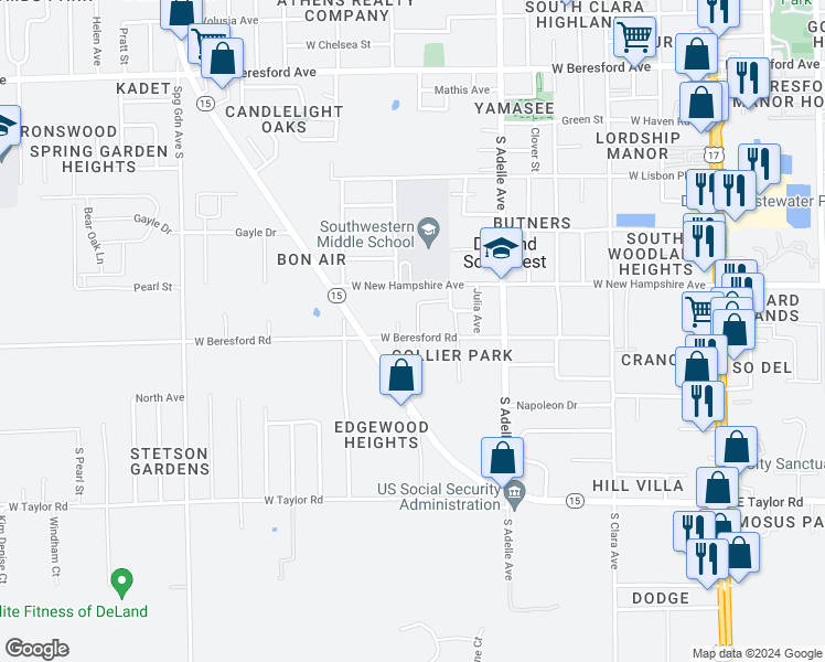 map of restaurants, bars, coffee shops, grocery stores, and more near 701 West Beresford Road in DeLand