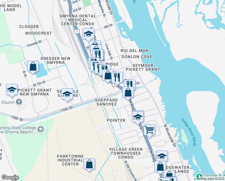 map of restaurants, bars, coffee shops, grocery stores, and more near 1705 Palmetto Court in New Smyrna Beach